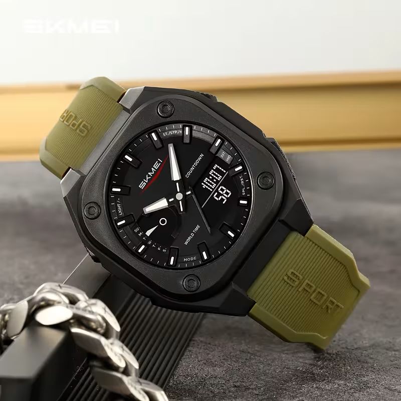 SKMEI Men's World Timer Analog Digital Watch – Black
