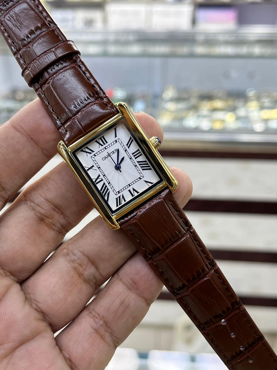 Rectangular Analog Men's Watch – Brown Leather Strap Gold