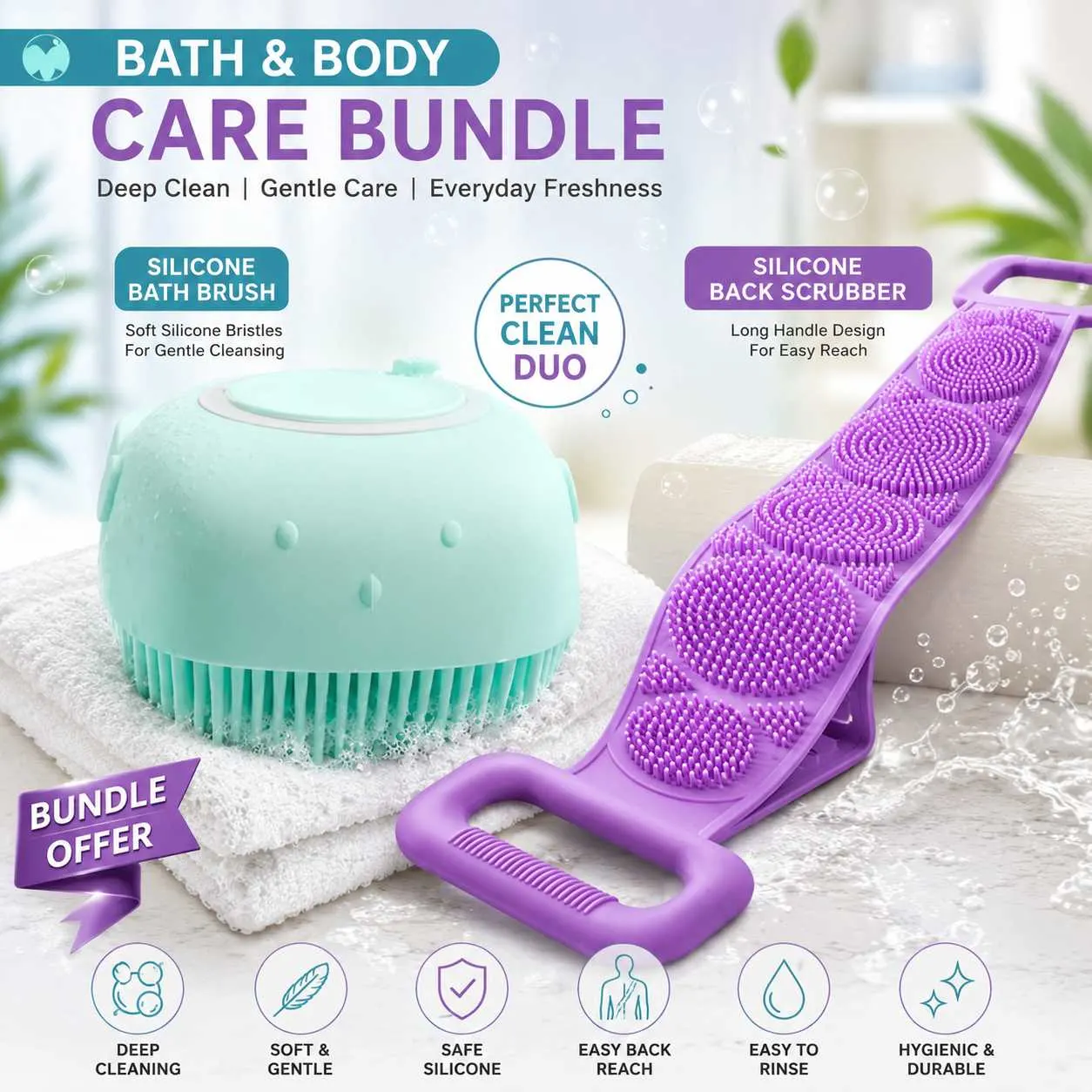 Silicone Back Scrubber & Bath Brush Combo – Soft Exfoliating Shower Tool