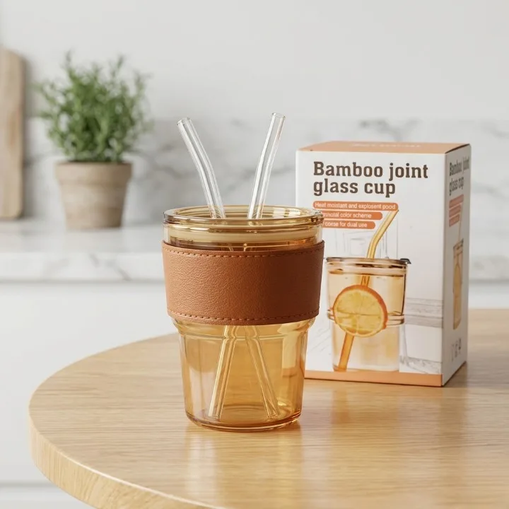 Premium Amber Glass Coffee Tumbler 400ml | Travel Mug with Straw | The A&H Store