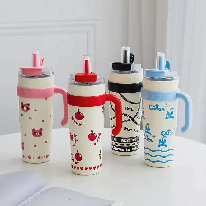 Cute Insulated Water Bottle with Handle & Straw