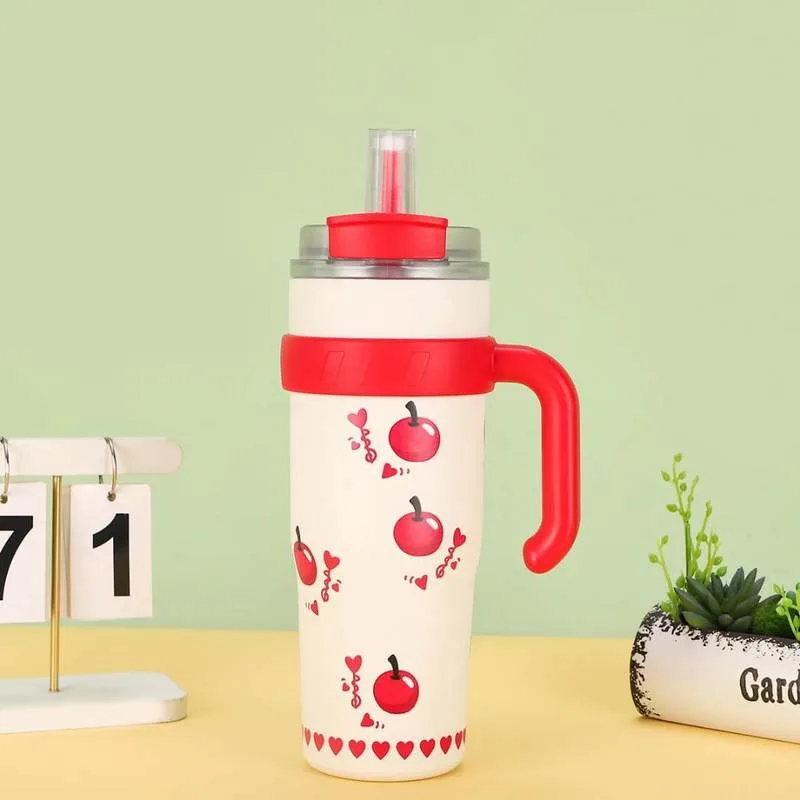 Cute Insulated Water Bottle with Handle & Straw