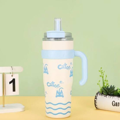 Cute Insulated Water Bottle with Handle & Straw