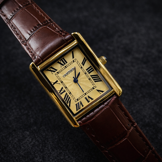 Rectangular Analog Men's Watch – Brown Leather Strap Gold