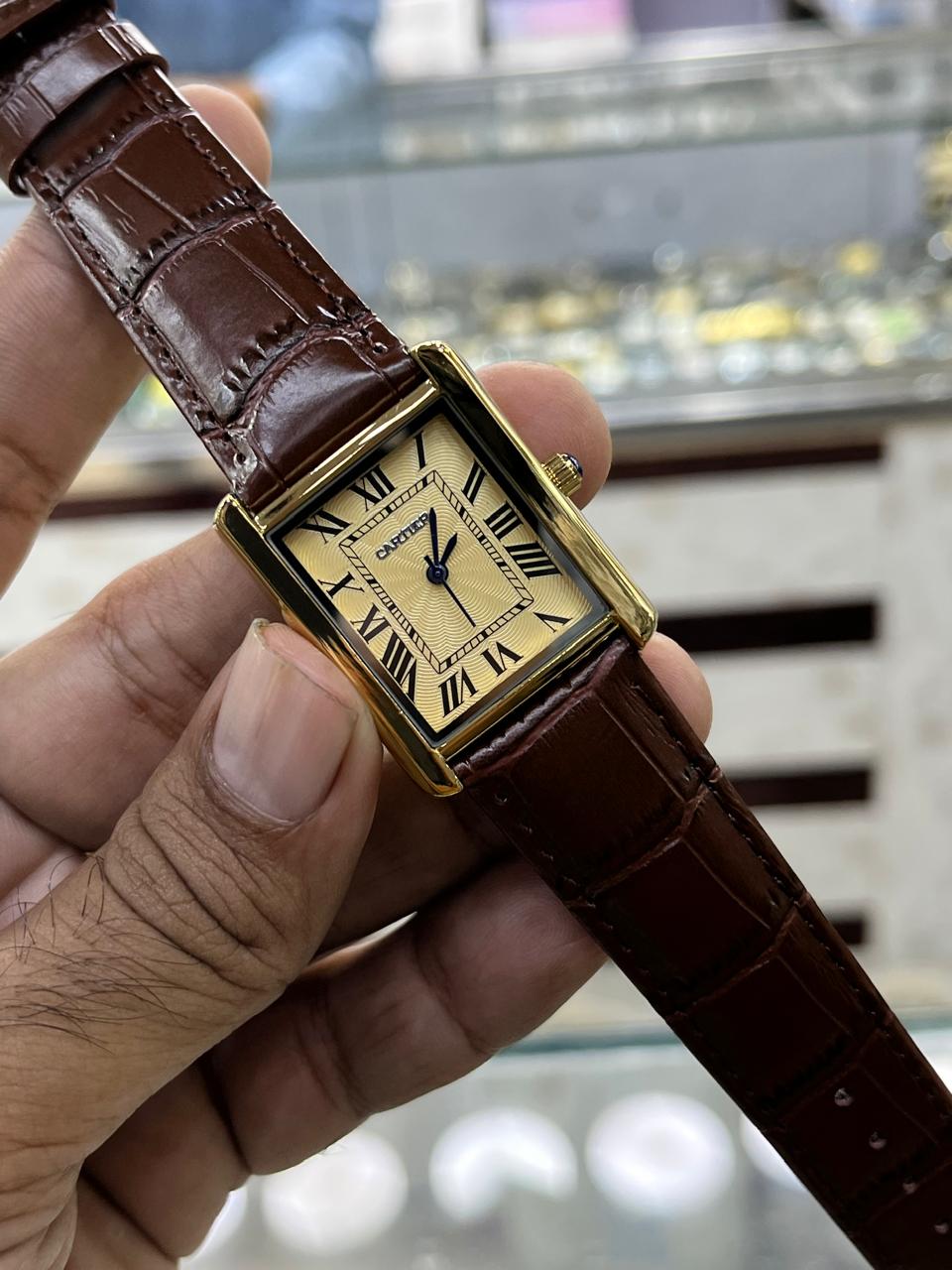 Rectangular Analog Men's Watch – Brown Leather Strap Gold