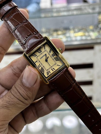 Rectangular Analog Men's Watch – Brown Leather Strap Gold