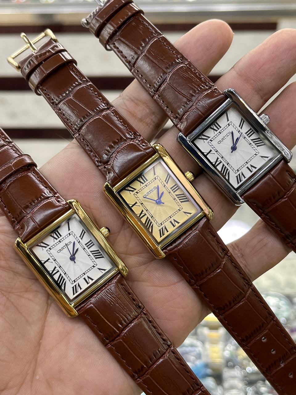 Rectangular Analog Men's Watch – Brown Leather Strap Gold
