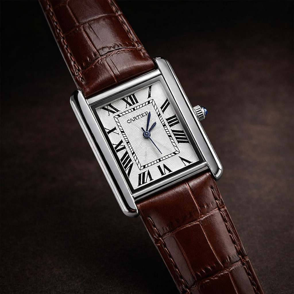 Rectangular Analog Men's Watch – Brown Leather Strap Gold