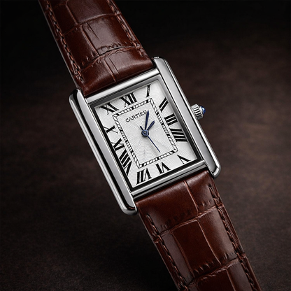 Rectangular Analog Men's Watch – Brown Leather Strap Gold