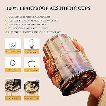 Premium Amber Glass Coffee Tumbler 400ml | Travel Mug with Straw | The A&H Store