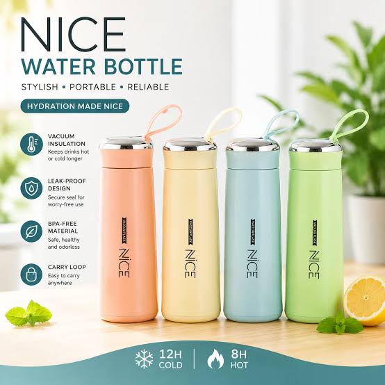 Nice Glass Bottle 400ml | Vacuum Flask with Loop Handle | The A&H Store