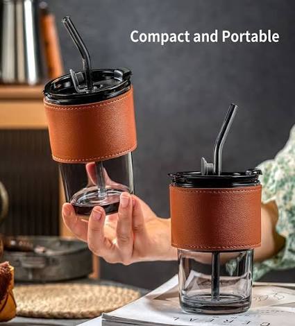 Premium Amber Glass Coffee Tumbler 400ml | Travel Mug with Straw | The A&H Store
