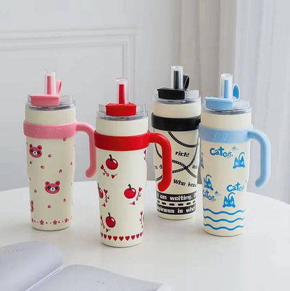 Cute Insulated Water Bottle with Handle & Straw